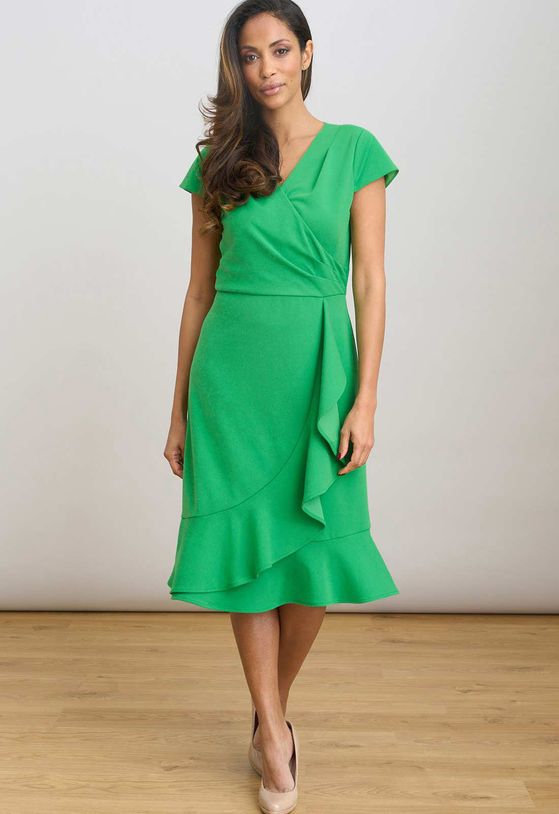 Gina Bacconi GREEN Ruffle Hem Crepe Dress