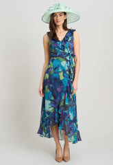 Gina Bacconi BLUE Marlee Side Tie Ruffle Print Dress