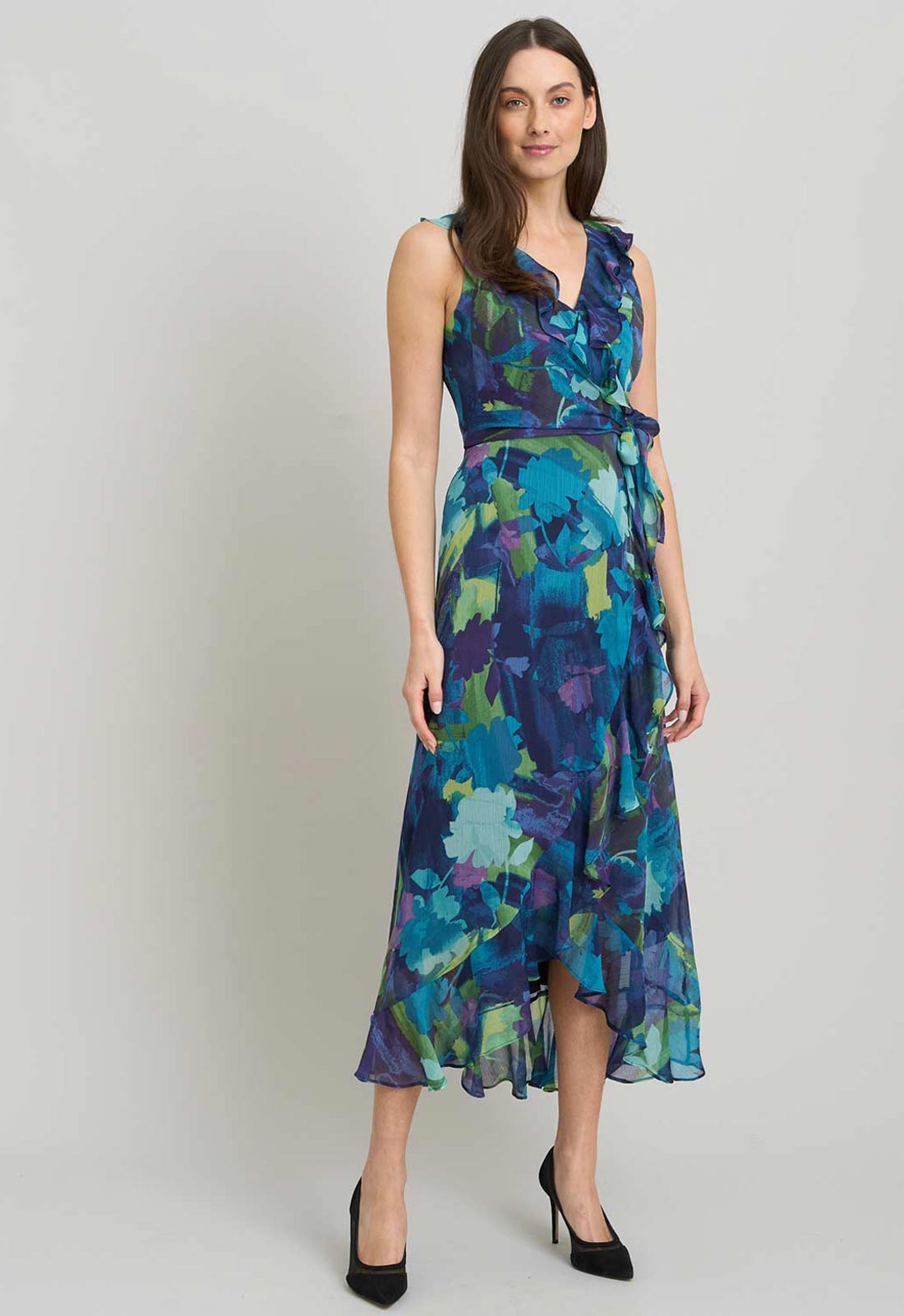 Gina Bacconi BLUE Marlee Side Tie Ruffle Print Dress