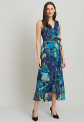 Gina Bacconi BLUE Marlee Side Tie Ruffle Print Dress