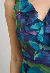 Gina Bacconi BLUE Marlee Side Tie Ruffle Print Dress