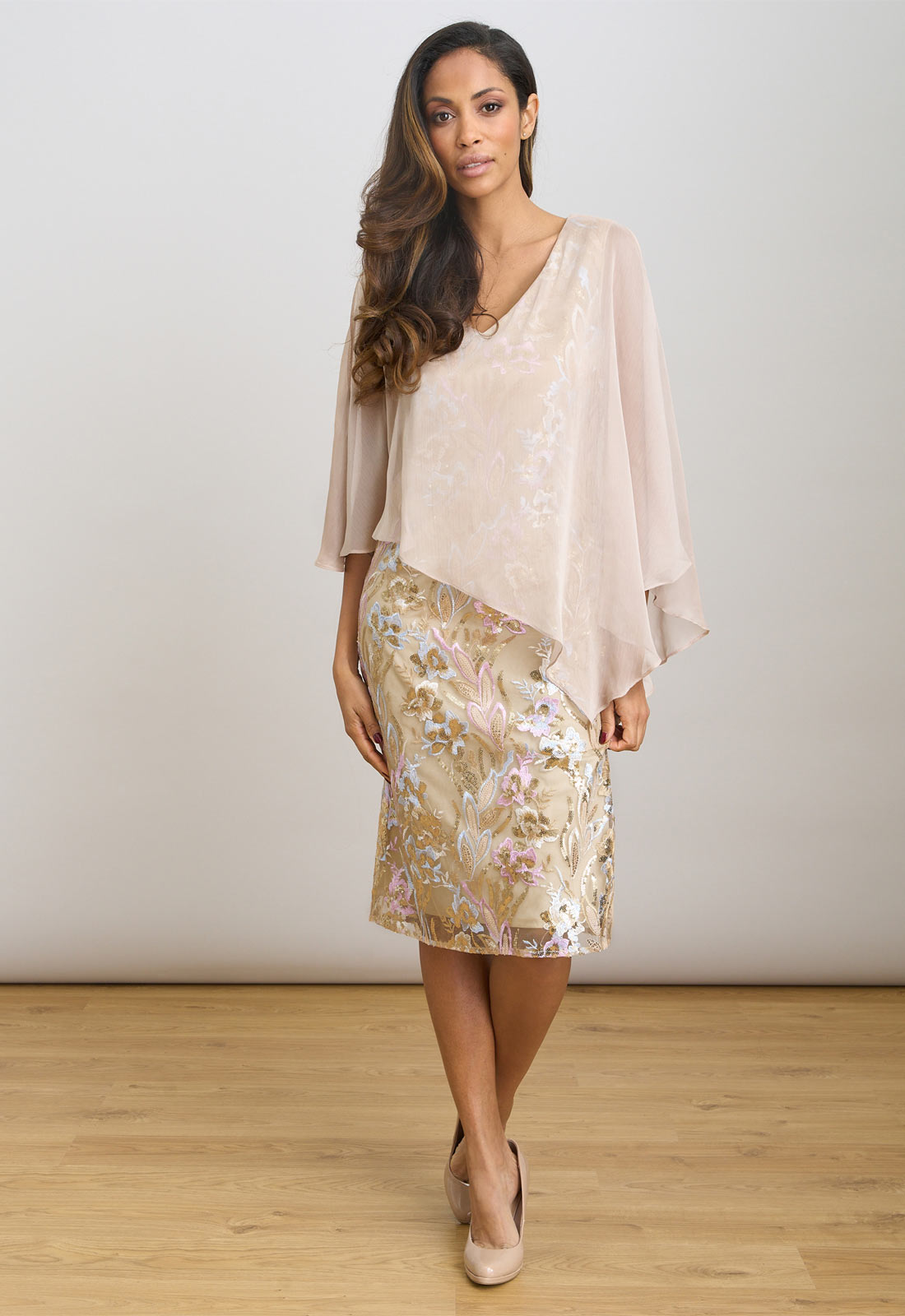 Gina Bacconi Champagne Monroe Short Embroidered Dress With Chiffon Bodice