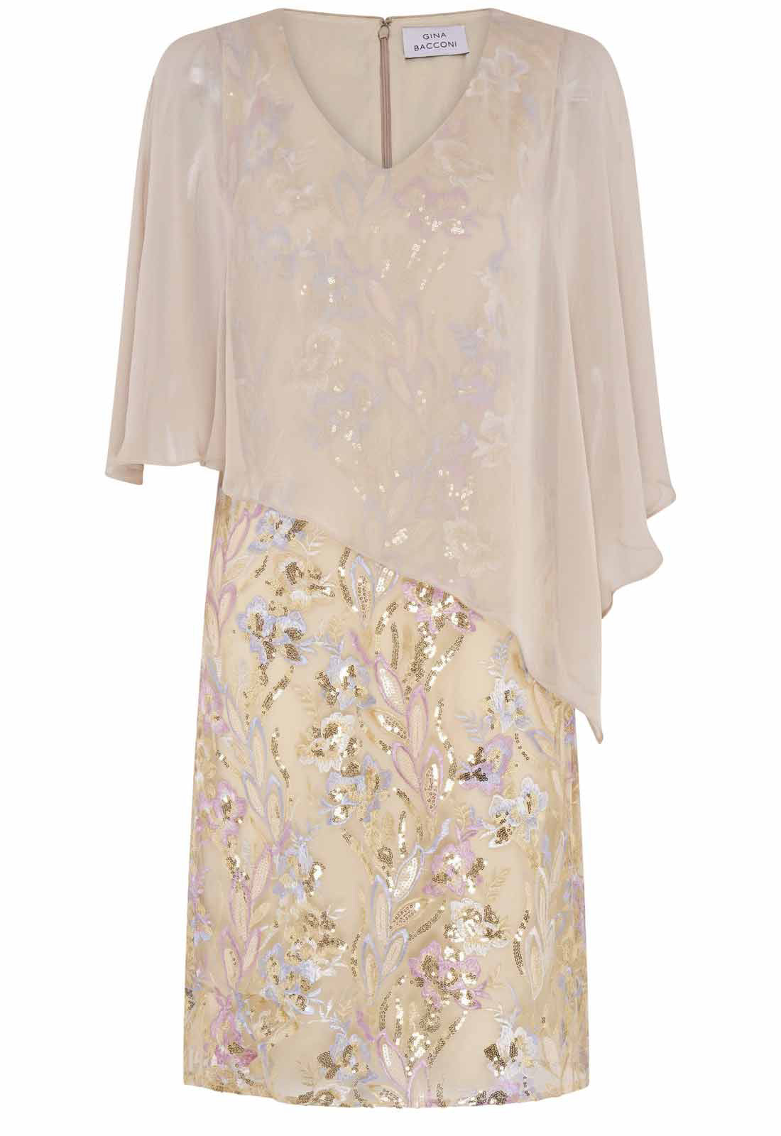 Gina Bacconi Champagne Monroe Short Embroidered Dress With Chiffon Bodice