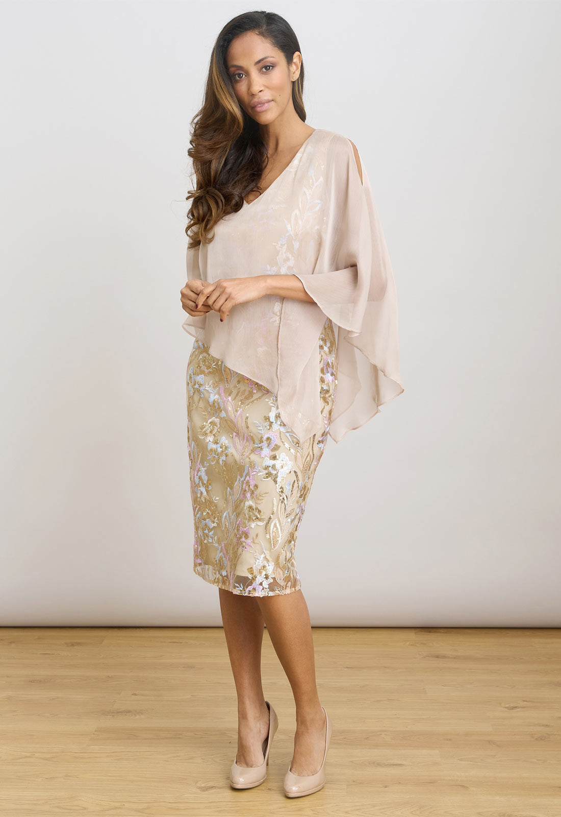 Gina Bacconi Champagne Monroe Short Embroidered Dress With Chiffon Bodice