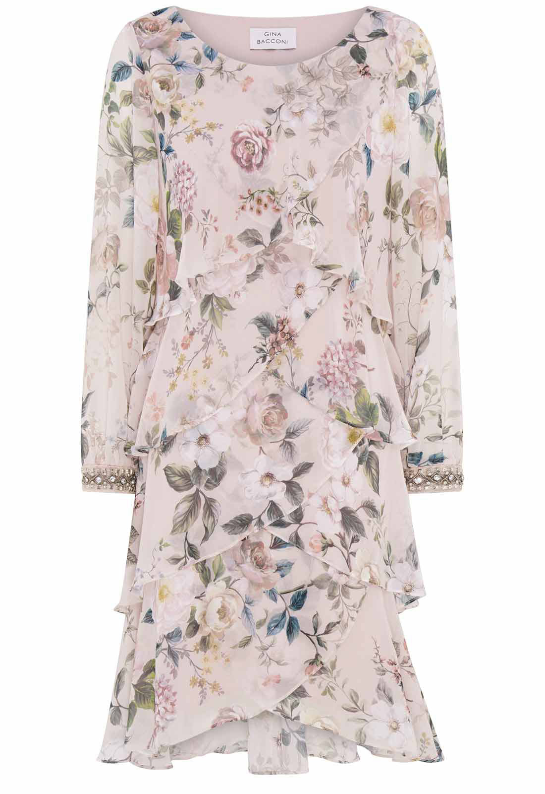 Gina Bacconi Blush Muriel Short Printed Tiered Chiffon Dress