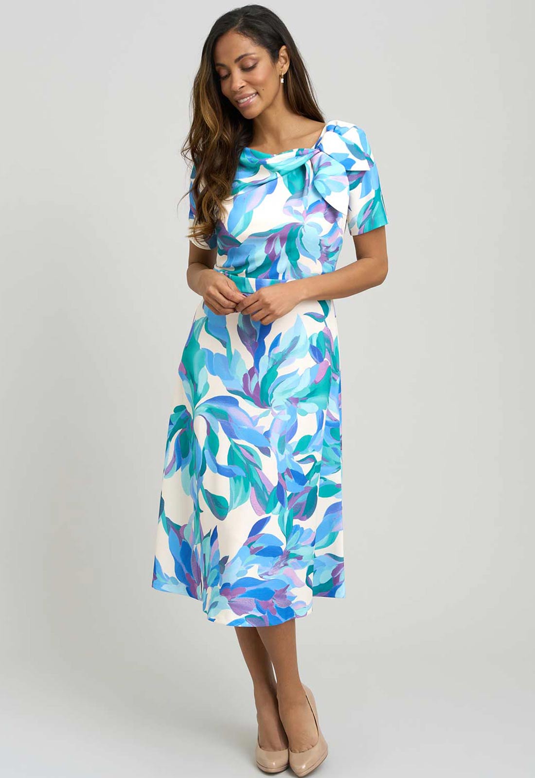 Gina Bacconi BLUE / MULTI Parker Tie Neck Print Dress