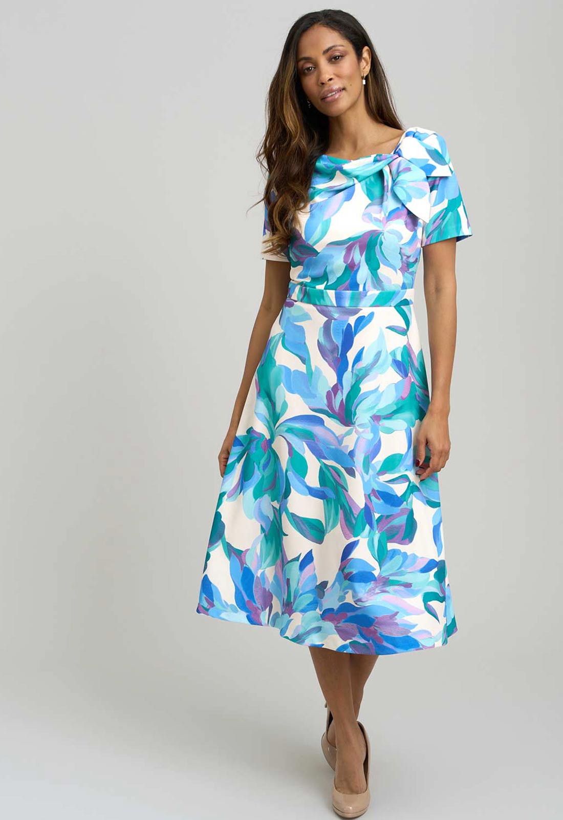 Gina Bacconi BLUE / MULTI Parker Tie Neck Print Dress