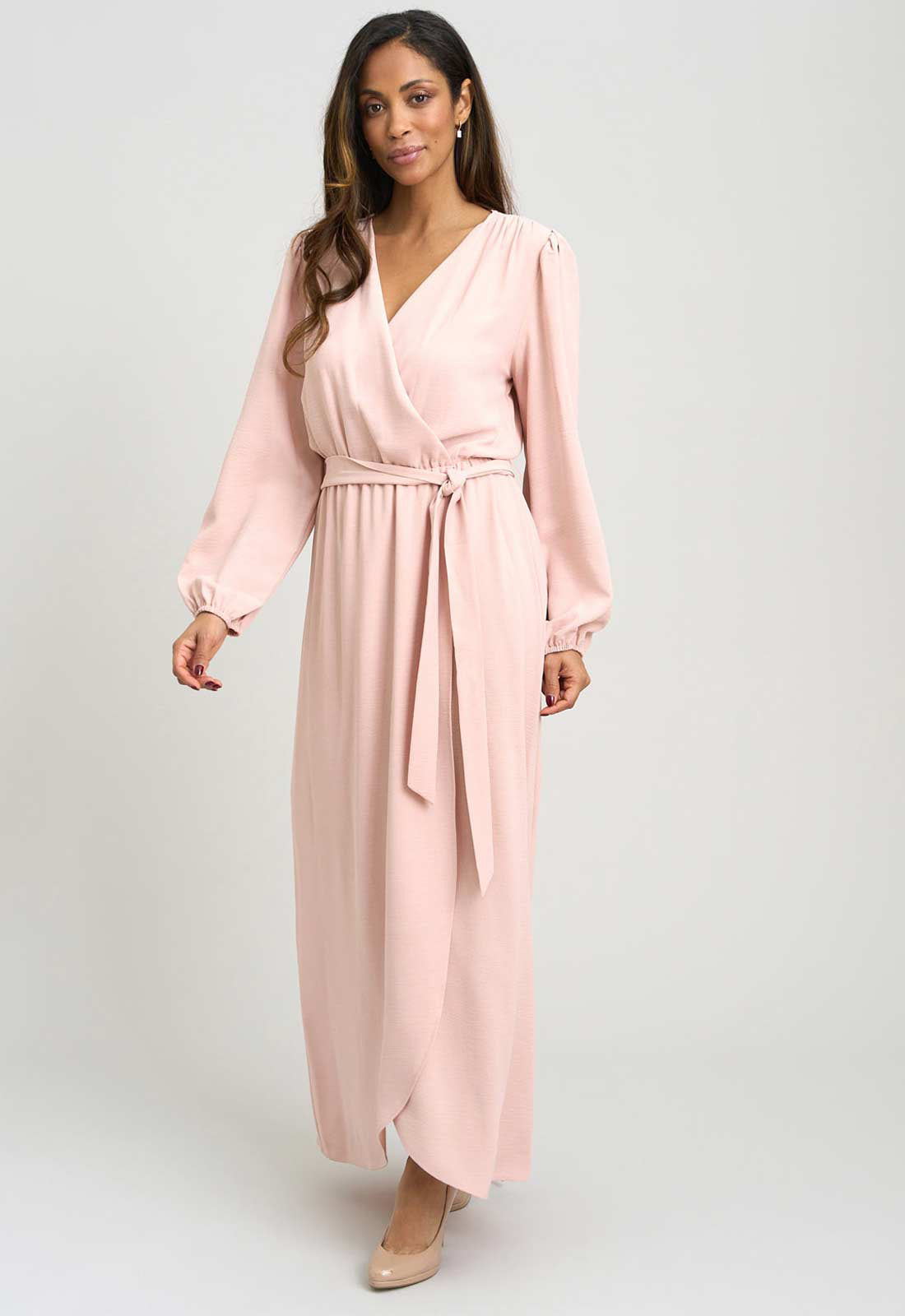 Gina Bacconi BLUSH Bow Wrap Long Sleeve Maxi Dress