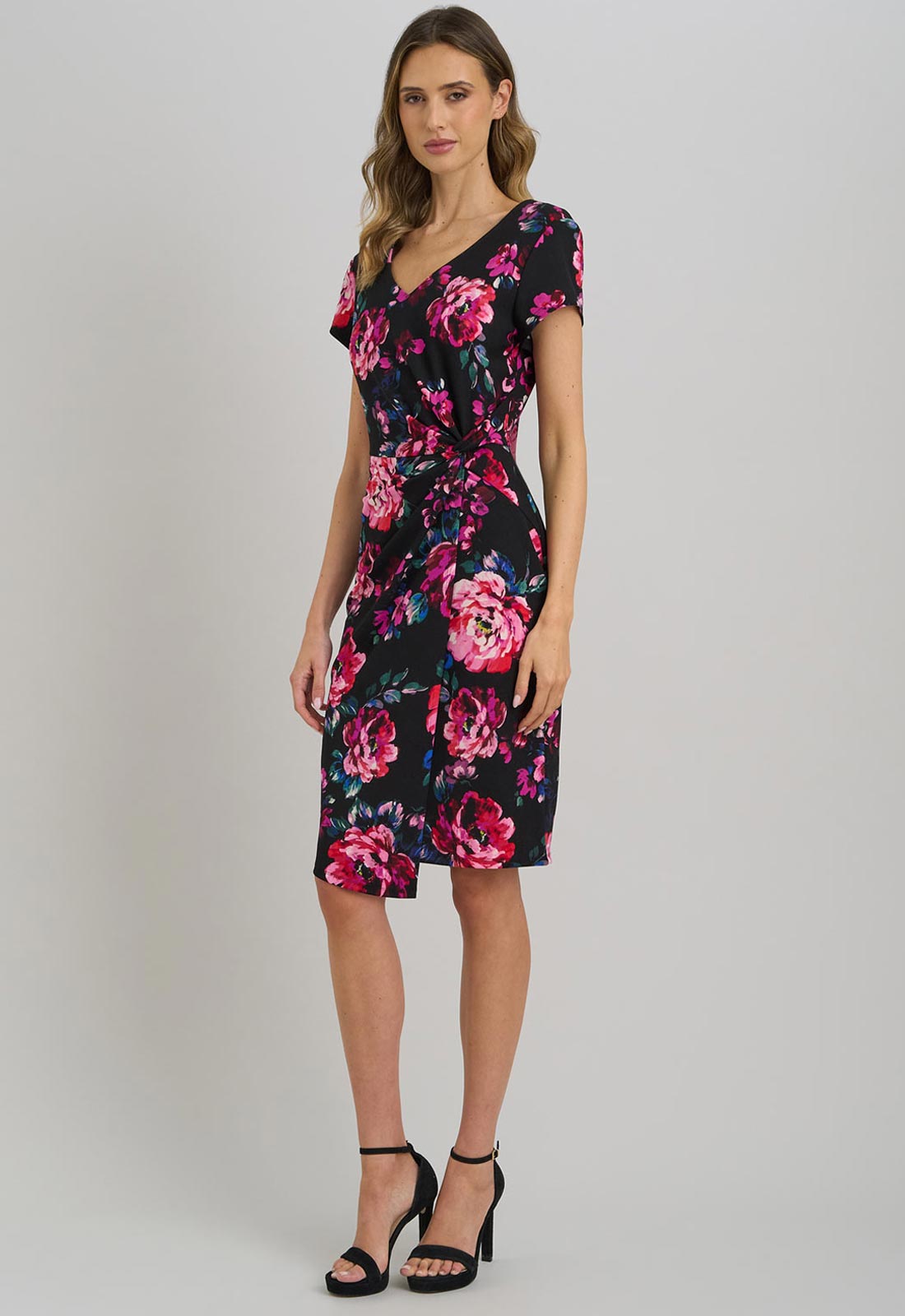 Gina Bacconi Black Paulette Twist Knot Cape Sleeve Floral Dress