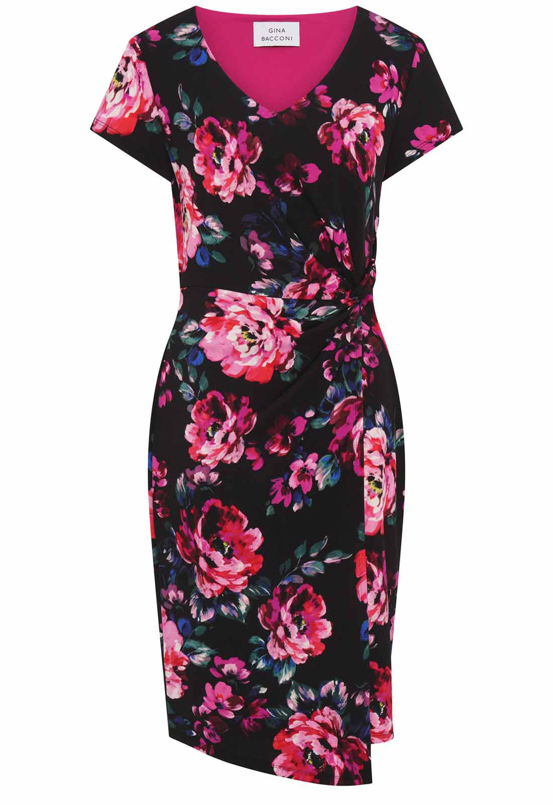 Gina Bacconi Black Paulette Twist Knot Cape Sleeve Floral Dress