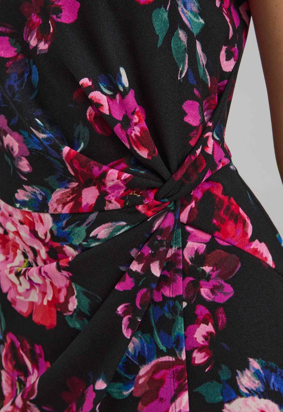 Gina Bacconi Black Paulette Twist Knot Cape Sleeve Floral Dress