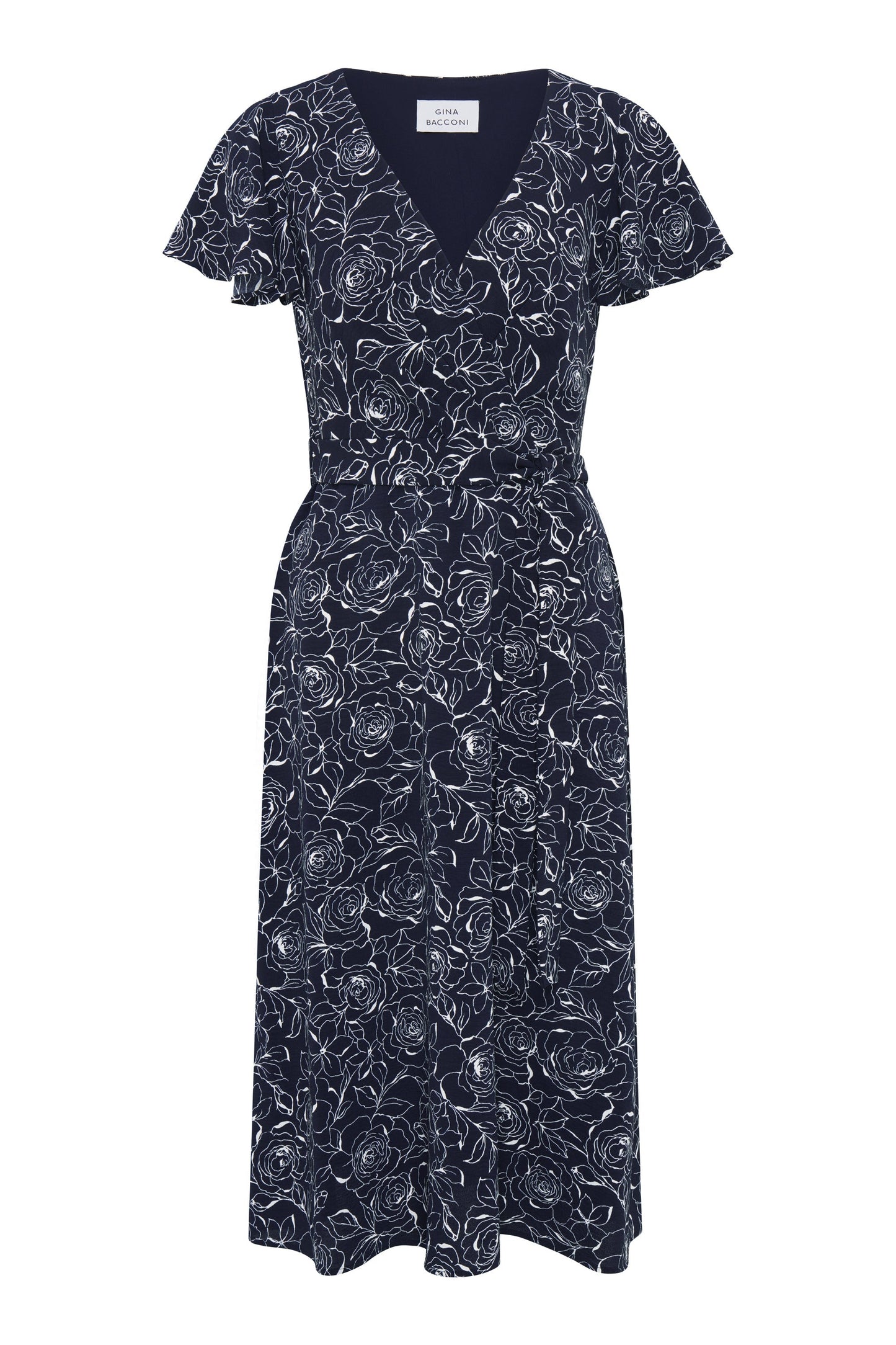 Gina Bacconi NAVY / WHITE Persia Faux Wrap Flutter Sleeve Dress