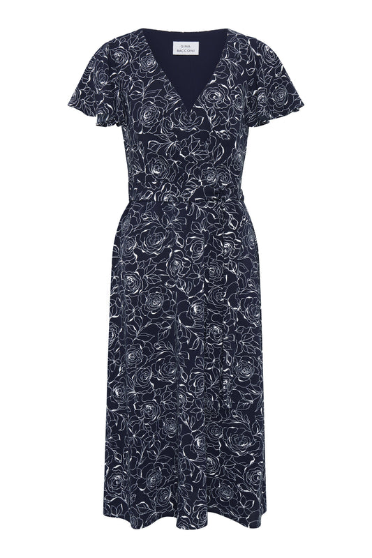Gina Bacconi NAVY / WHITE Persia Faux Wrap Flutter Sleeve Dress