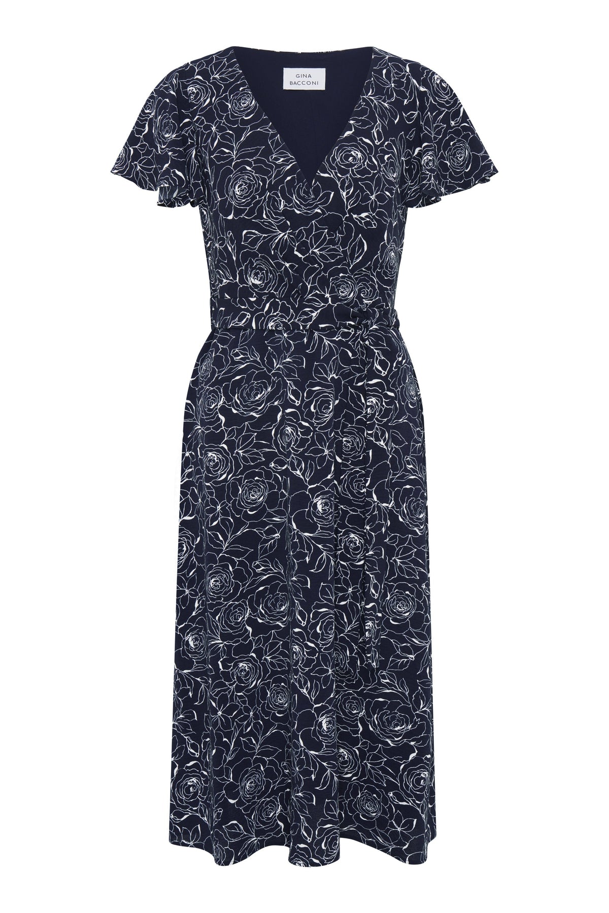 Gina Bacconi NAVY / WHITE Persia Faux Wrap Flutter Sleeve Dress