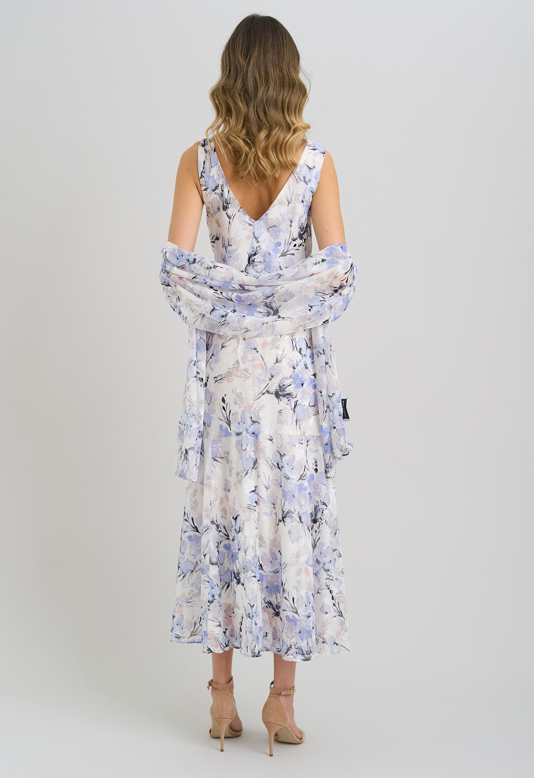 Gina Bacconi Ivory Yana Floral Printed Cowl Midi Dress & Scarf