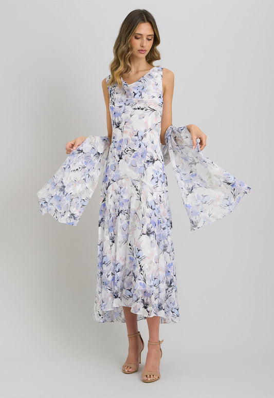 Gina Bacconi Ivory Yana Floral Printed Cowl Midi Dress & Scarf