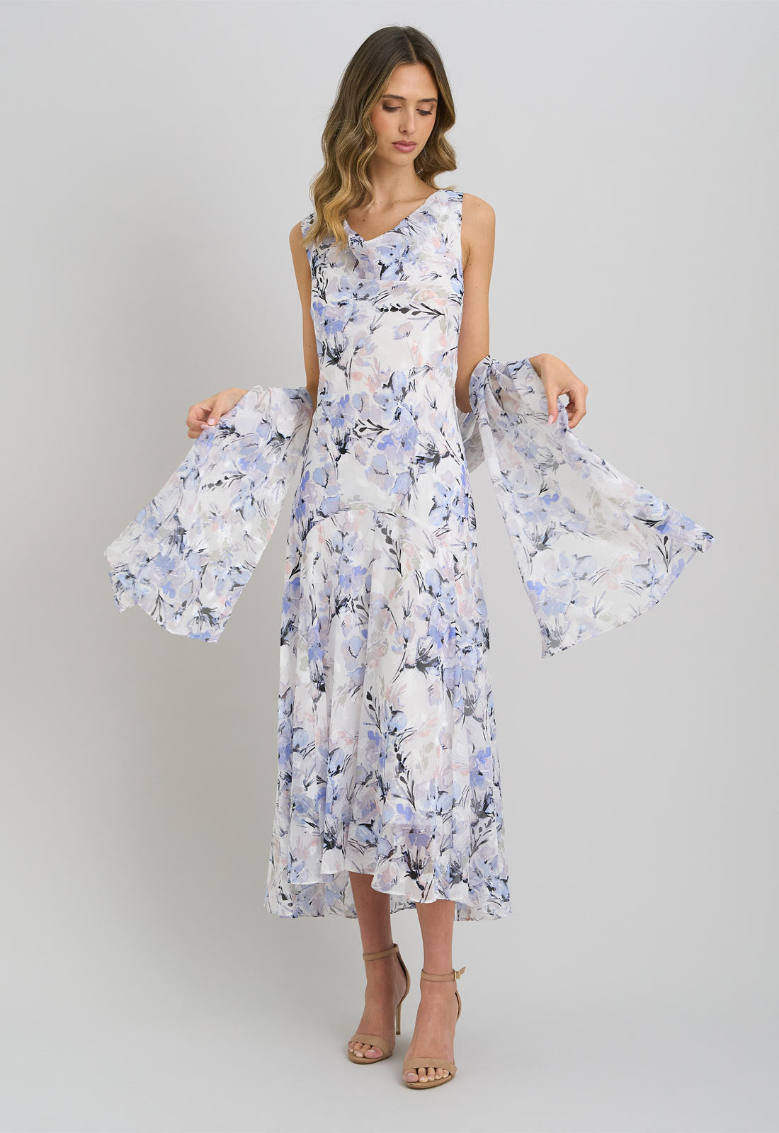 Gina Bacconi Ivory Yana Floral Printed Cowl Midi Dress & Scarf