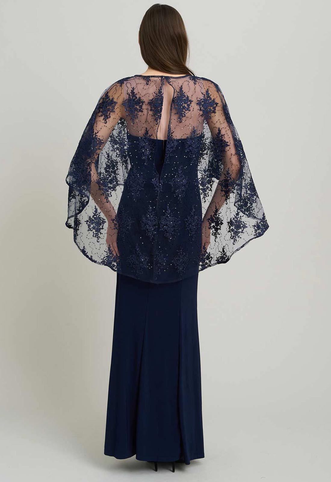 Gina Bacconi NAVY / NUDE Desire Jersey Maxi Dress With Lace Cape