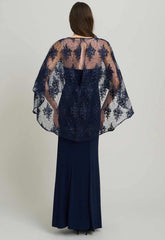 Gina Bacconi NAVY / NUDE Desire Jersey Maxi Dress With Lace Cape