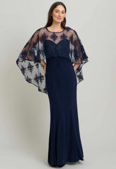 Gina Bacconi NAVY / NUDE Desire Jersey Maxi Dress With Lace Cape