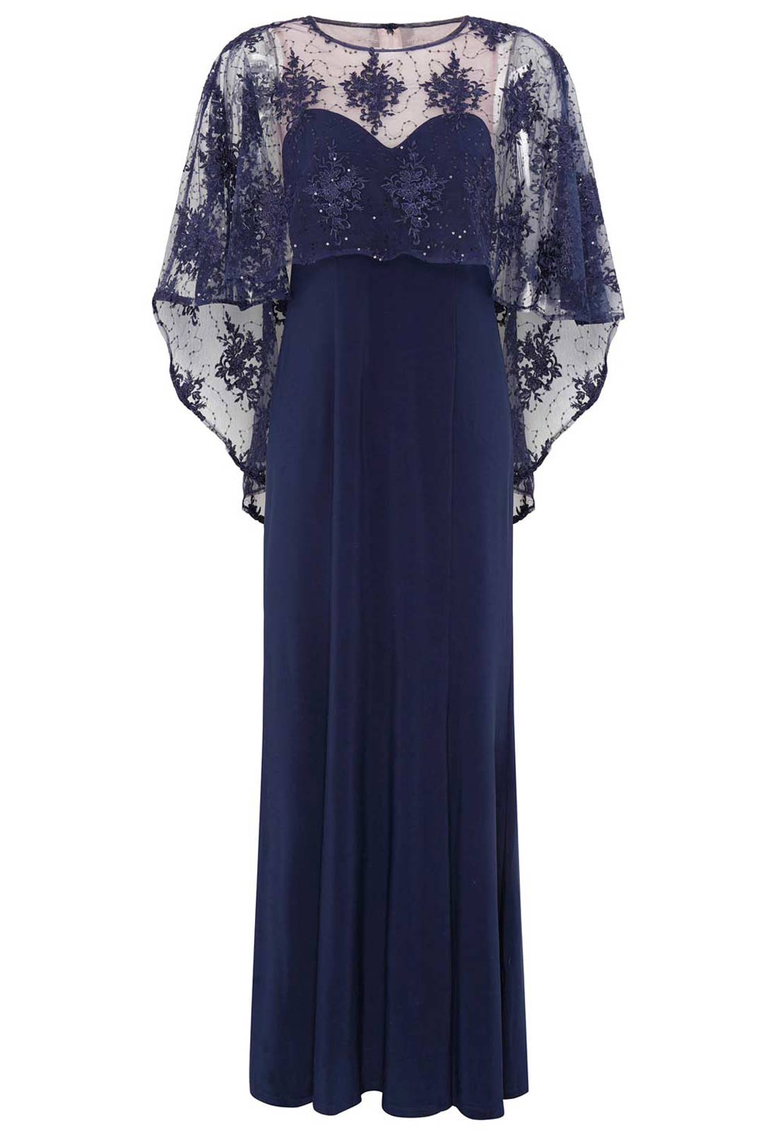 Gina Bacconi NAVY / NUDE Desire Jersey Maxi Dress With Lace Cape
