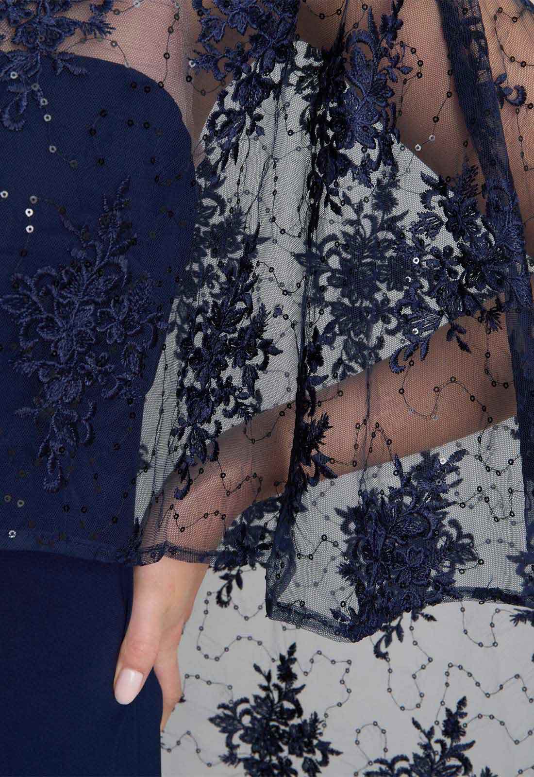 Gina Bacconi NAVY / NUDE Desire Jersey Maxi Dress With Lace Cape