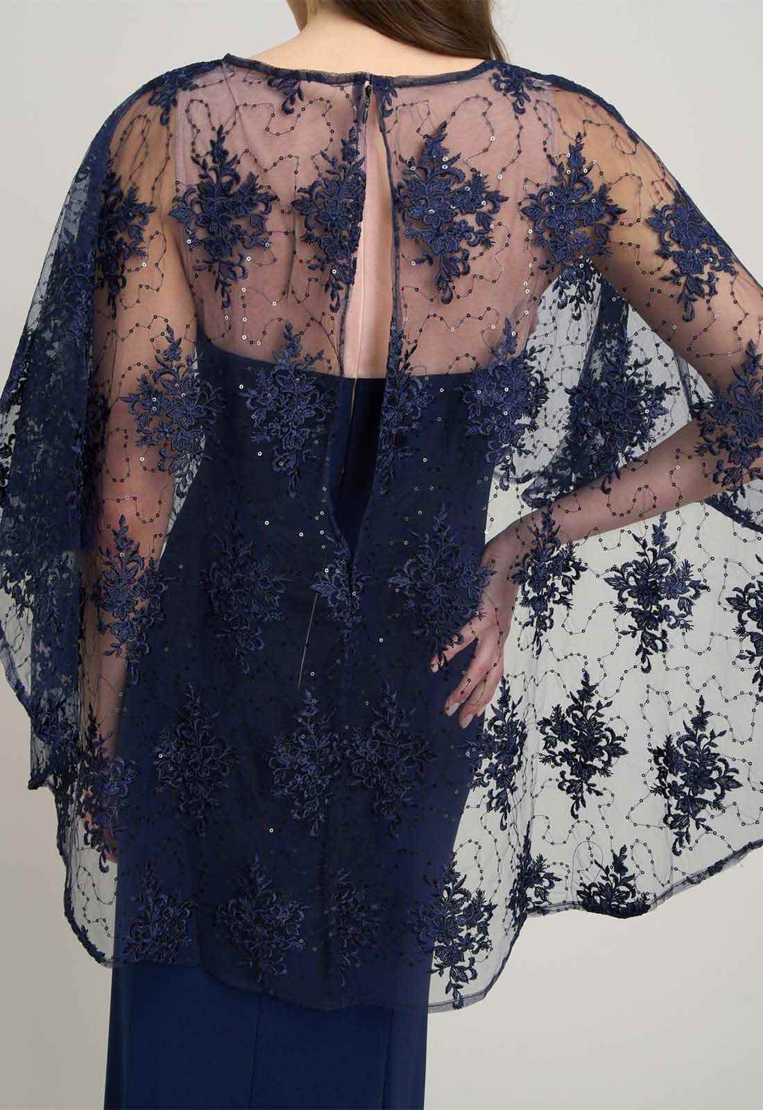 Gina Bacconi NAVY / NUDE Desire Jersey Maxi Dress With Lace Cape