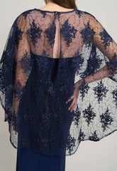 Gina Bacconi NAVY / NUDE Desire Jersey Maxi Dress With Lace Cape