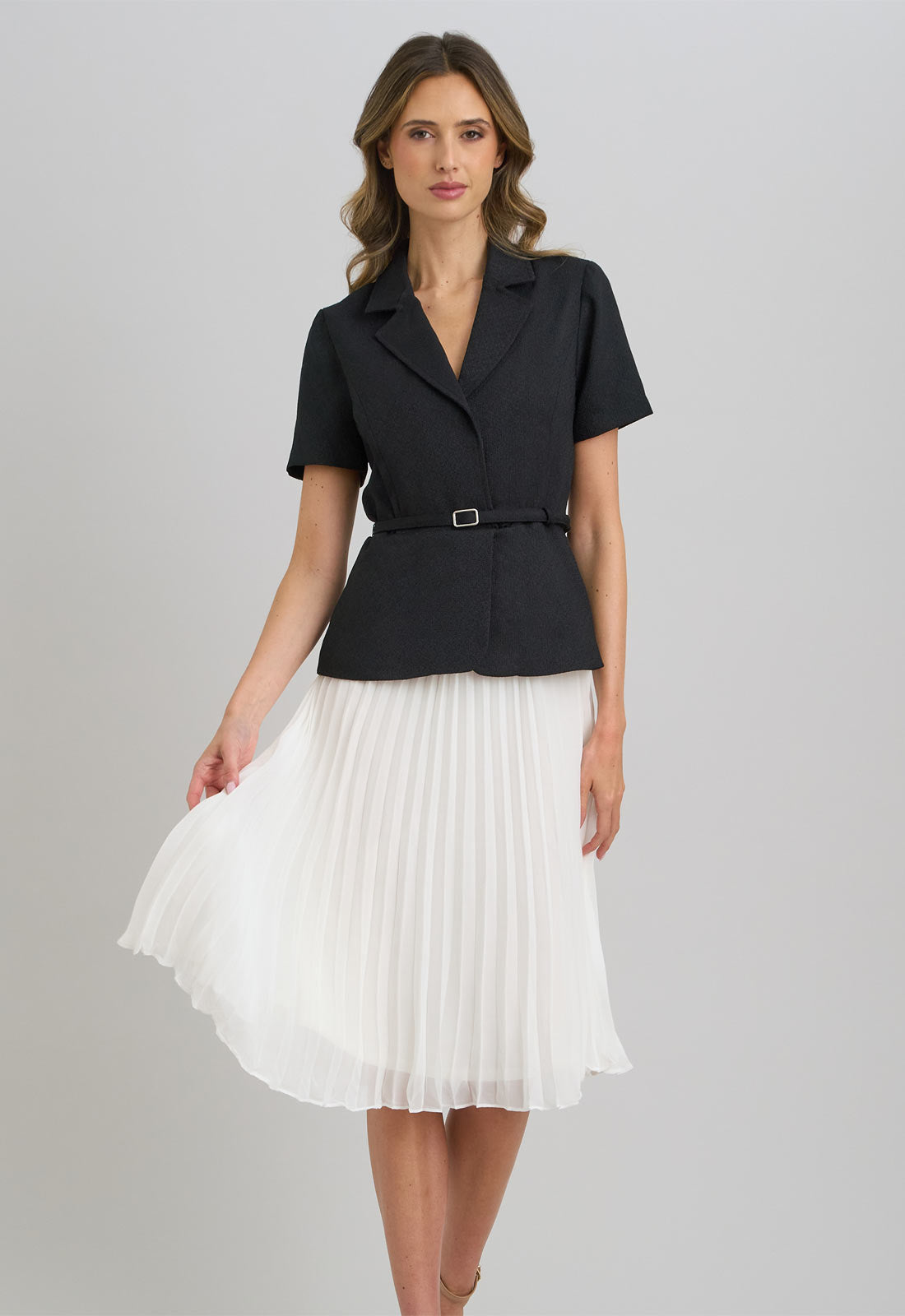 Gina Bacconi Black and White Shelley Belted Pleated Midi Dress
