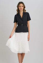 Gina Bacconi Black and White Shelley Belted Pleated Midi Dress