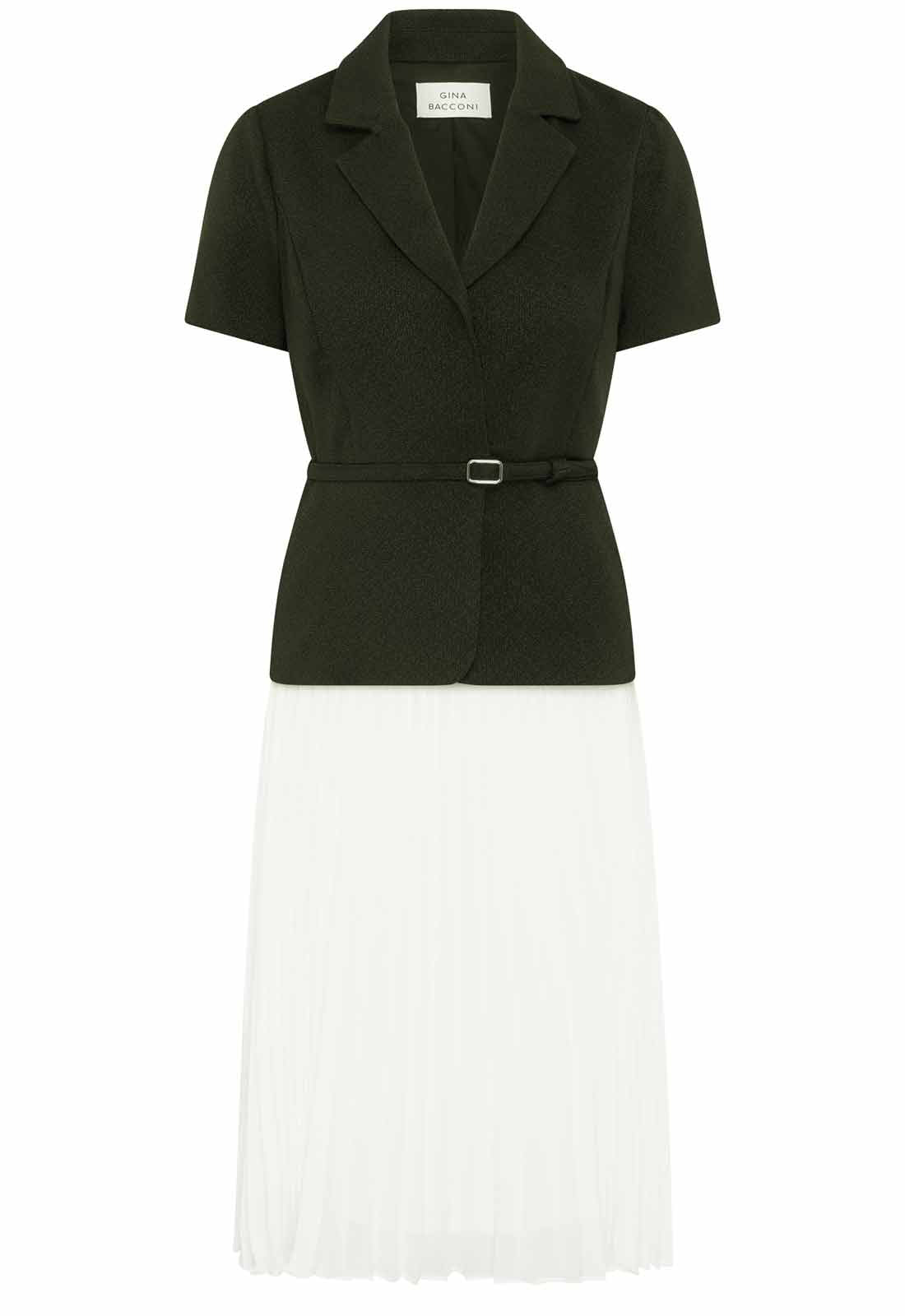 Gina Bacconi Black and White Shelley Belted Pleated Midi Dress