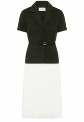 Gina Bacconi Black and White Shelley Belted Pleated Midi Dress