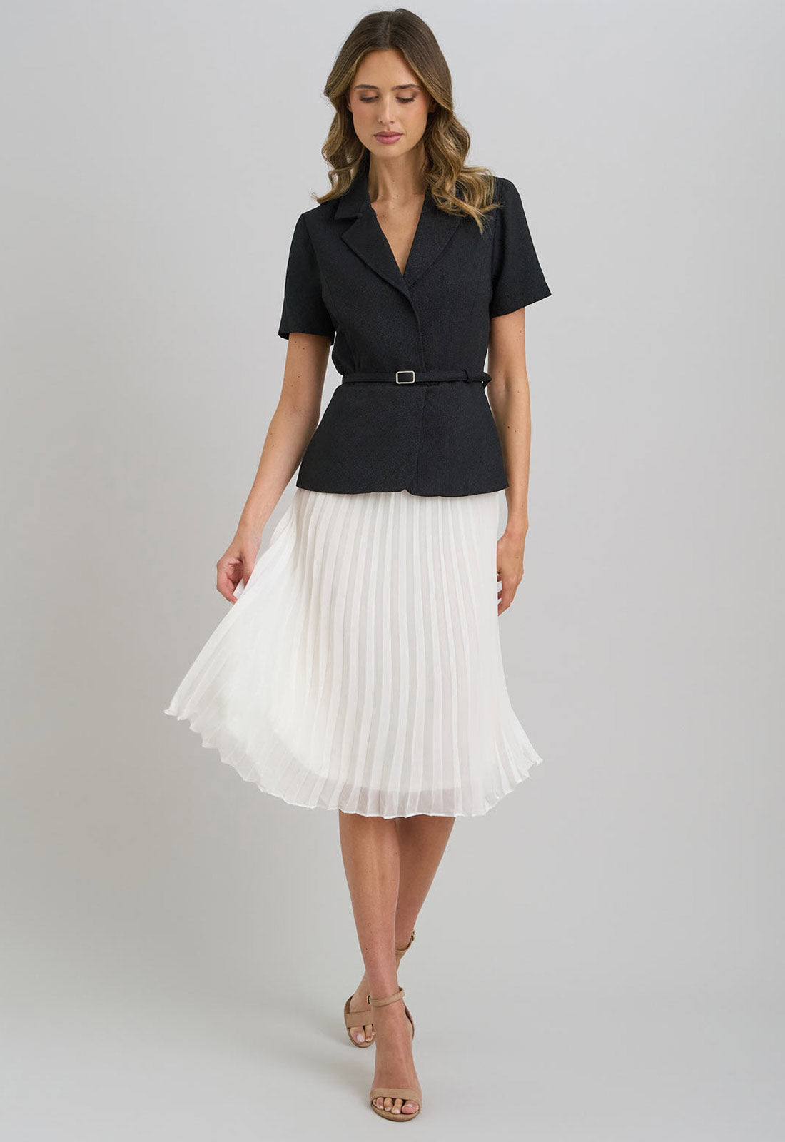 Gina Bacconi Black and White Shelley Belted Pleated Midi Dress