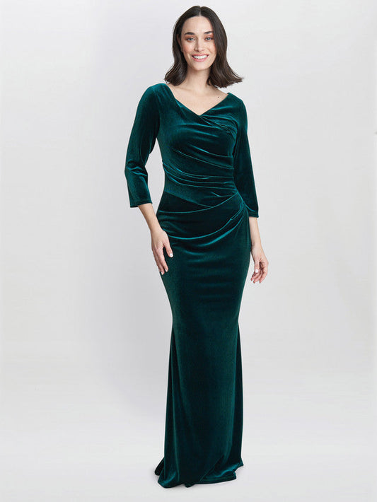 Gina Bacconi Green Sophie Velvet Maxi Dress With 3/4 Sleeve