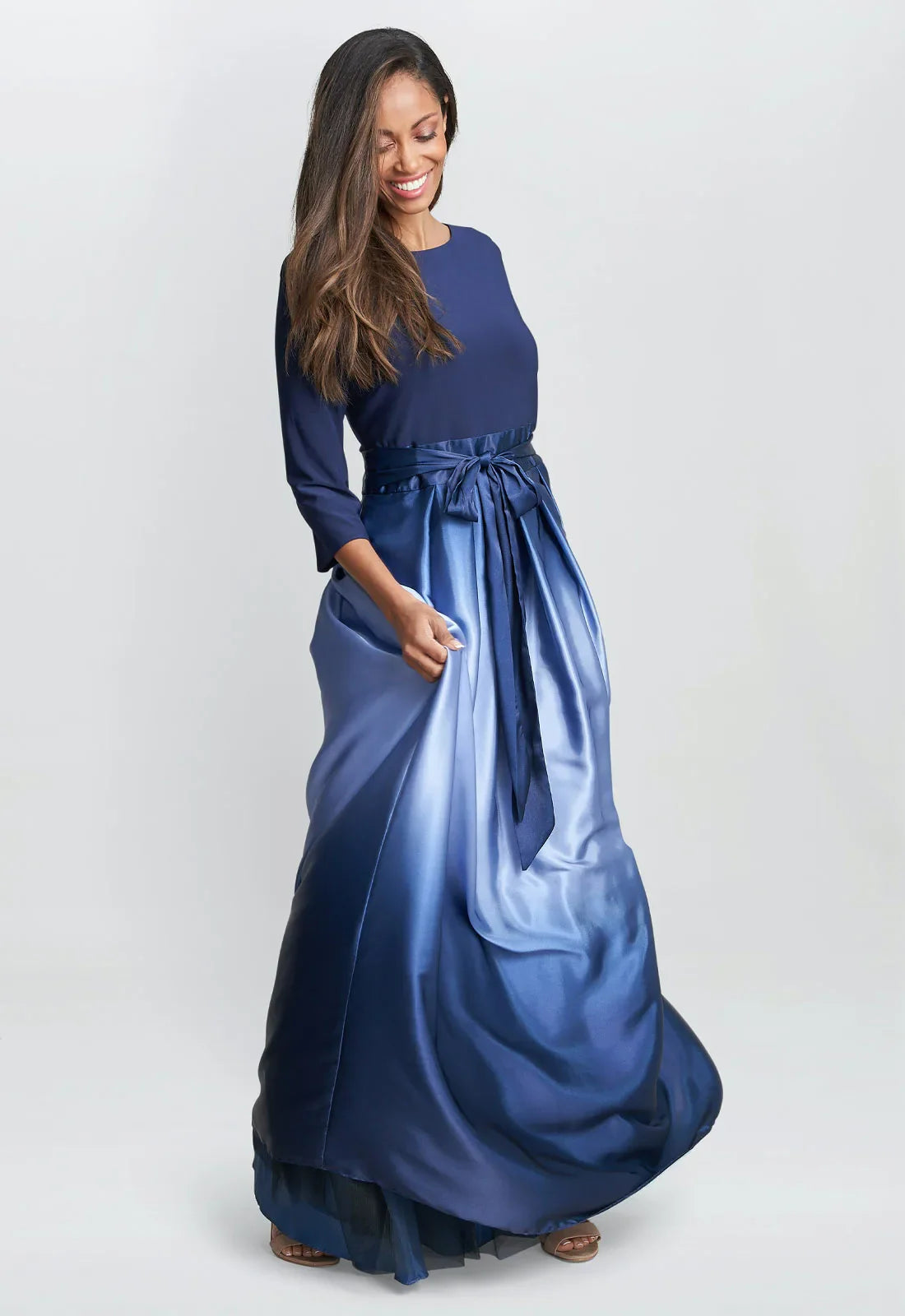 Gina Bacconi Ingrid V Neck Back Ombre Satin Maxi Dress