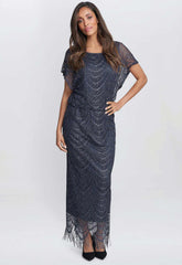 Gina Bacconi Blue Arleen Long Blouson Fringe Hem Dress