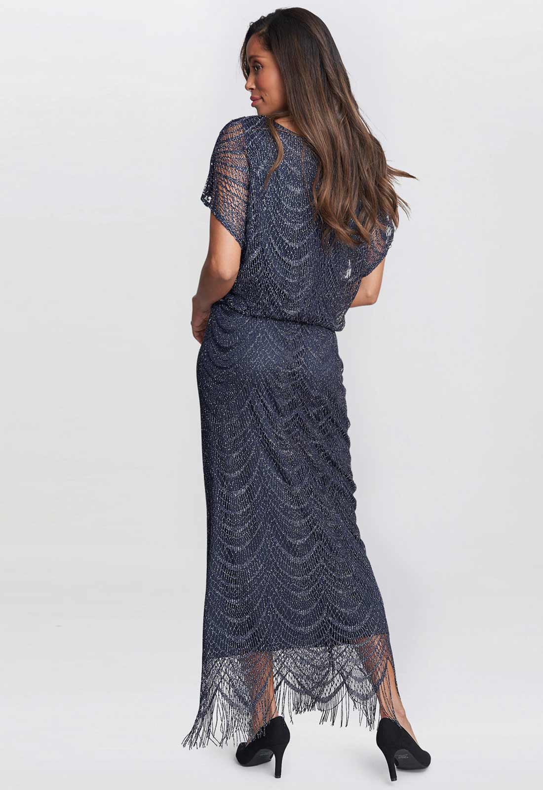 Gina Bacconi Blue Arleen Long Blouson Fringe Hem Dress