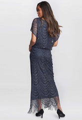 Gina Bacconi Blue Arleen Long Blouson Fringe Hem Dress