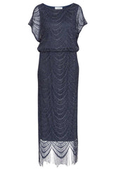 Gina Bacconi Blue Arleen Long Blouson Fringe Hem Dress