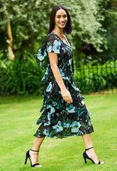 Gina Bacconi Bright Teal Frances Printed Midi Tiered Dress