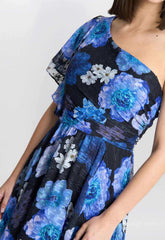 Gina Bacconi Black and Royal Briana One Shoulder Floral Print Dress