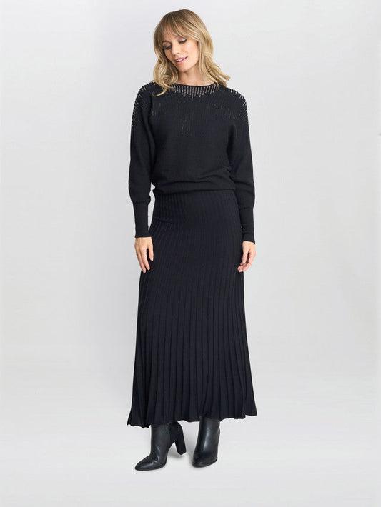 Gina Bacconi Black Celestina Long Pleated Knit Skirt