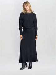 Gina Bacconi Black Celestina Long Pleated Knit Skirt