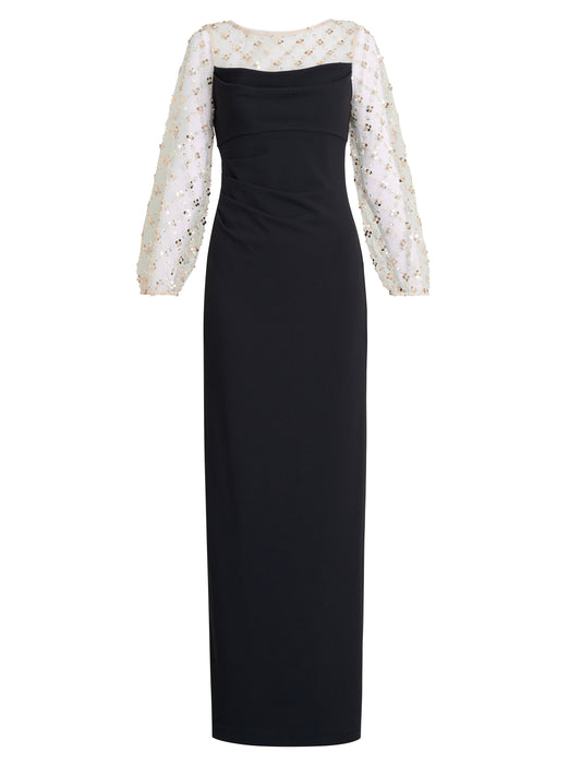 Gina Bacconi Black / Gold Arielle Embellished Mesh Sleeve Dress