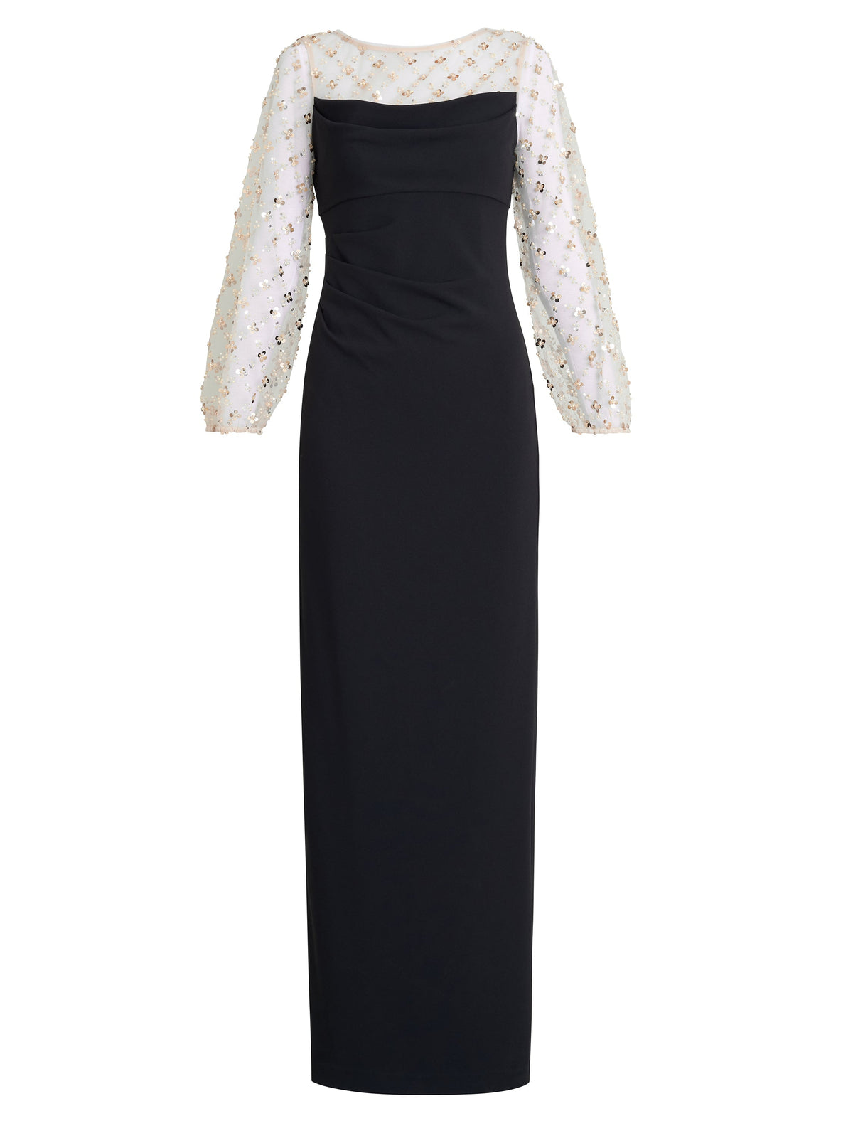 Gina Bacconi Black / Gold Arielle Embellished Mesh Sleeve Dress