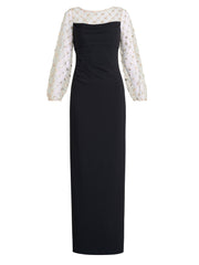 Gina Bacconi Black / Gold Arielle Embellished Mesh Sleeve Dress