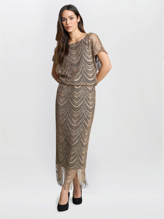 Gina Bacconi Bronze Arleen Long Blouson Fringe Hem Dress