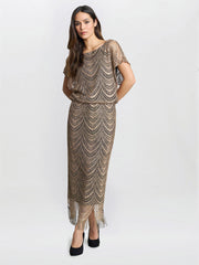 Gina Bacconi Bronze Arleen Long Blouson Fringe Hem Dress