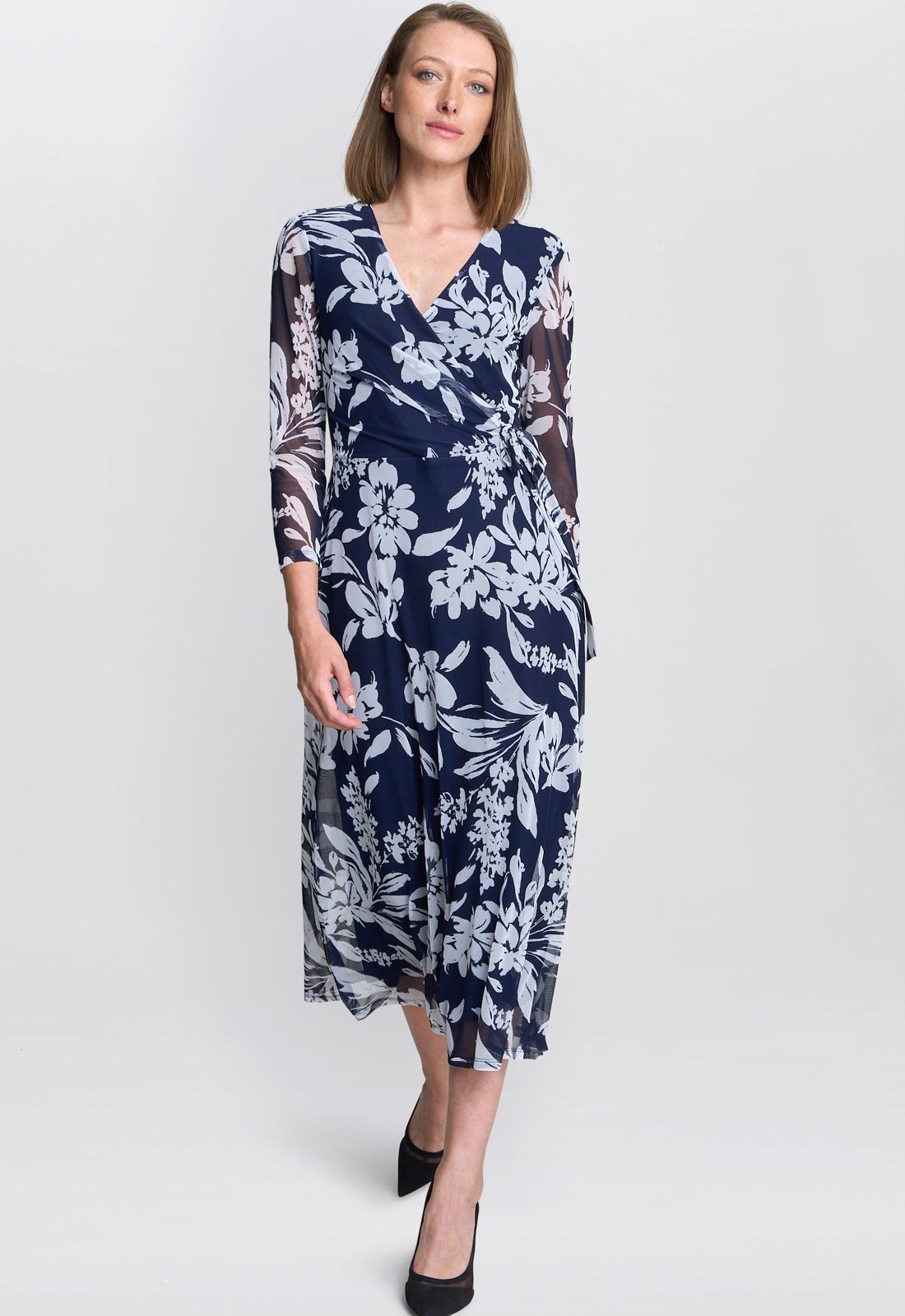 Gina Bacconi Jan Floral Chiffon Wrap Midi Dress