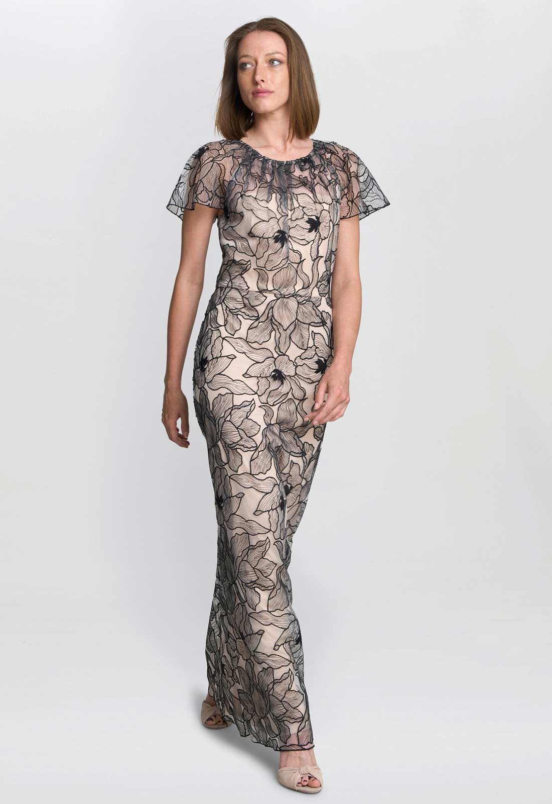 Gina Bacconi Black / White Marie-Claire Floral Embroidered Mesh Maxi Dress